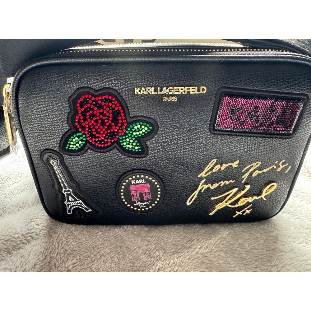 Karl Lagerfeld Paris Black Pebbled Crossbody Bag Paris Patches Gold Hardware NEW